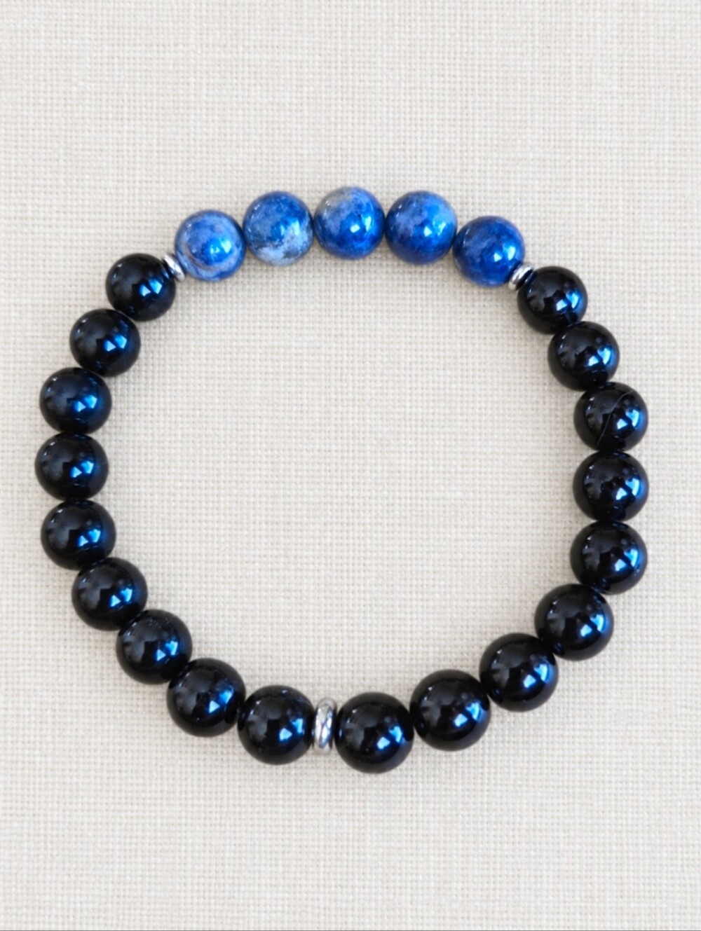 Blue Sapphire & Black Onyx Beaded Stretch Bracelet |Handmade